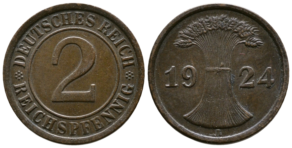 ГЕРМАНИЯ 2 РЕЙХСПФЕННИГА 1924 A KM 38, J. 314 бронза 93-726