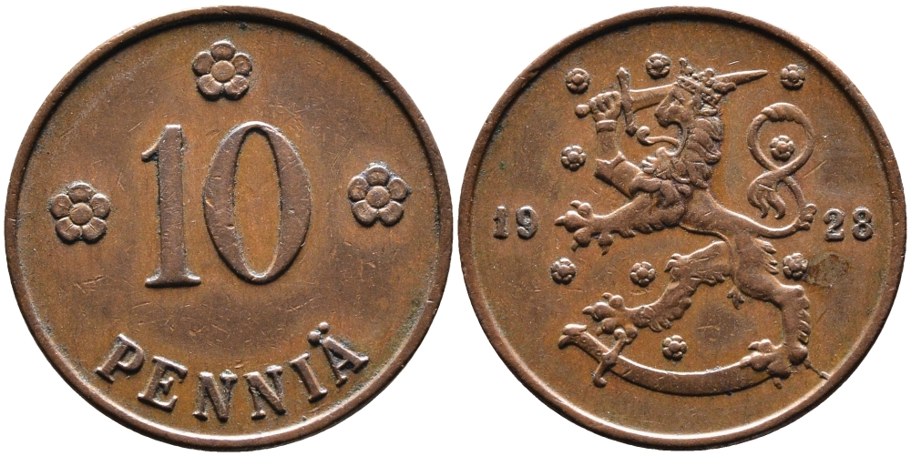 Финляндия 10 пенни 1928 республика (1918-1962) KM 24 медь 4388-852