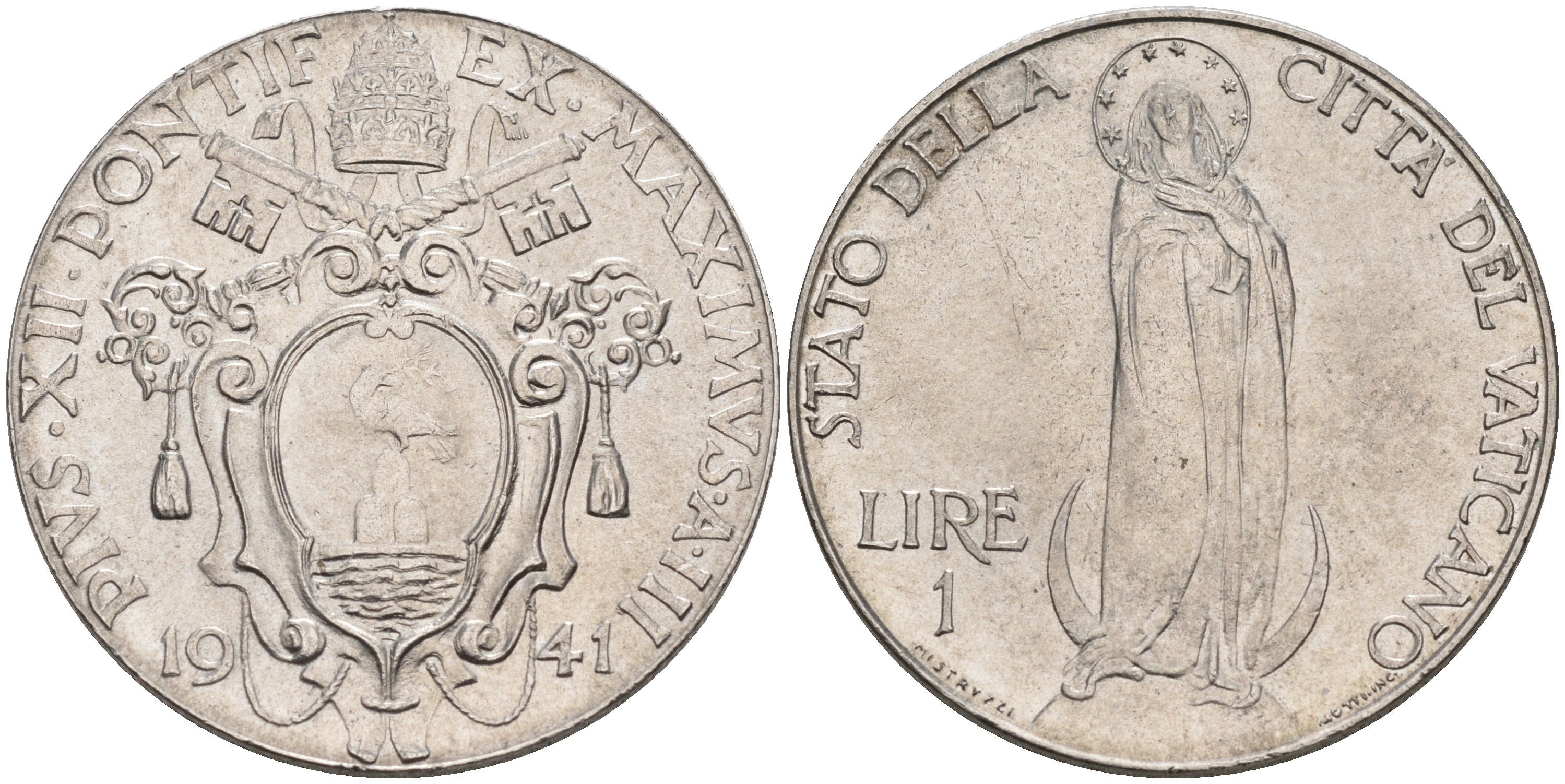 Ватикан 1 лира 1941 Пий XII, Дева Мария KM 26 a сталь UNC 63-757