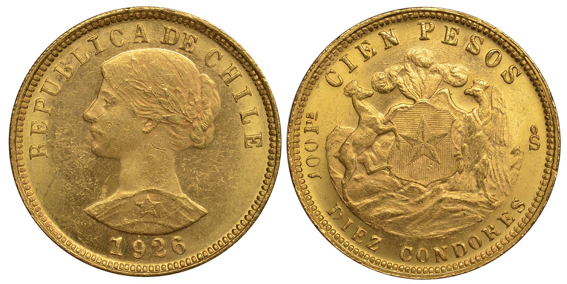 Чили 100 песо 1926 KM 170 золото UNC 00-000-00