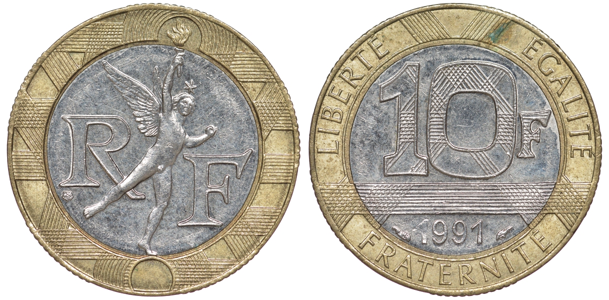 Франция 10 франков 1991 тип Гений Бастилии KM 964.1, Le Frank 375.6 биметалл  4606-152
