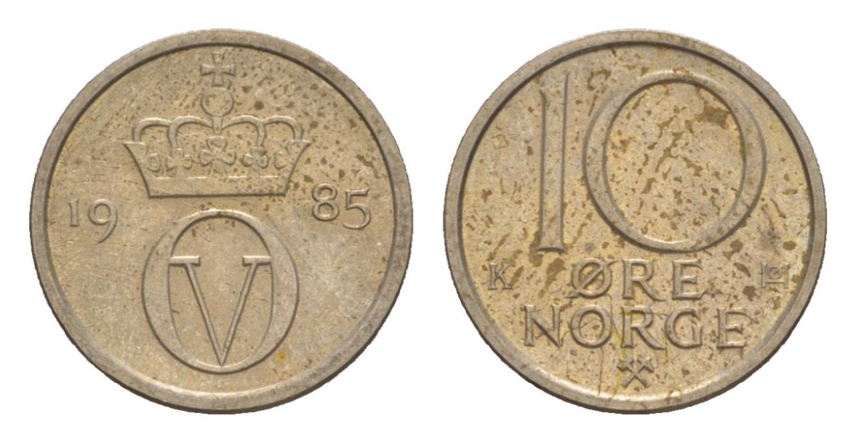 Норвегия 10 эре 1985 Улаф V (1957-1991) KM 416 медно-никель UNC 4632-1211