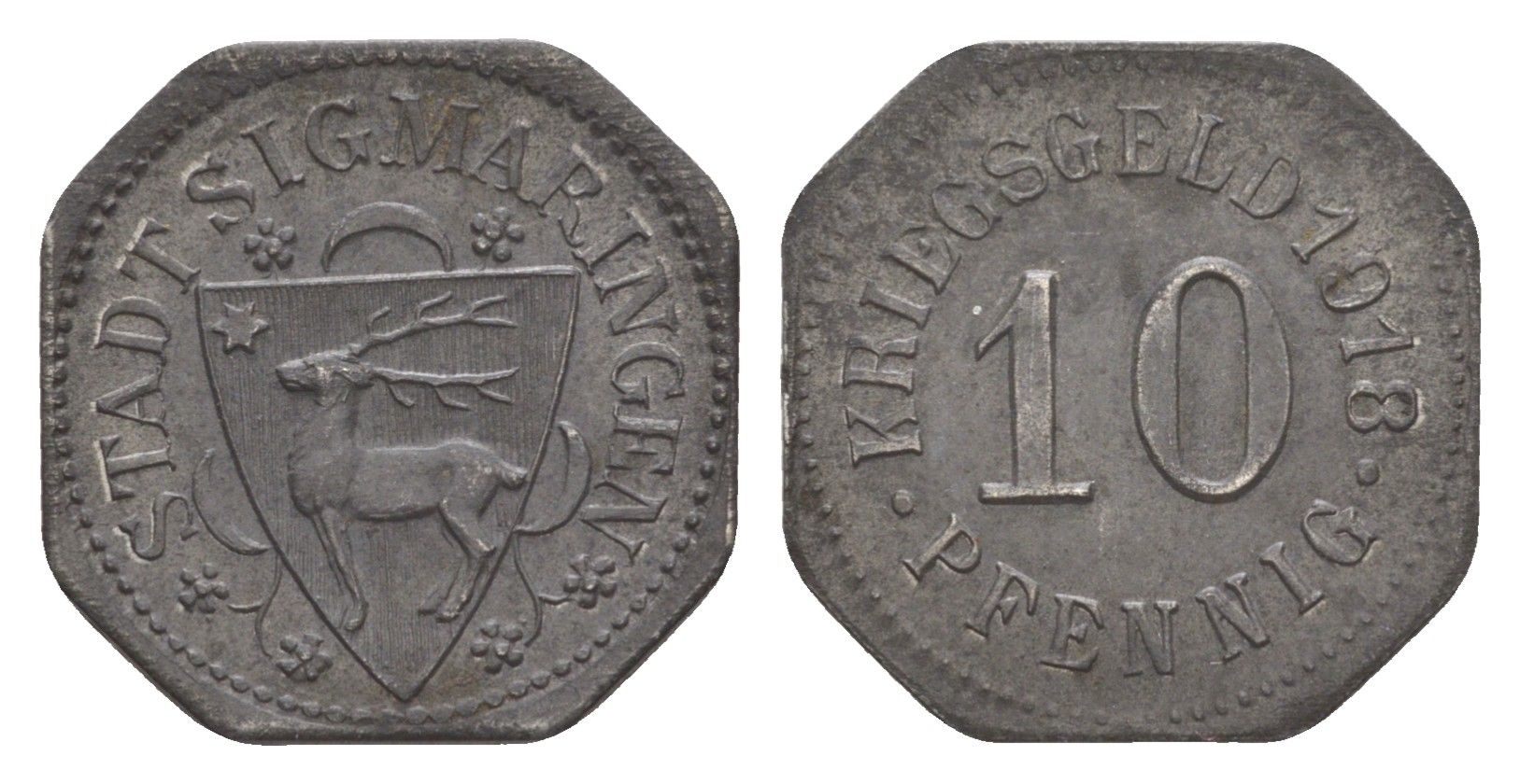 Зигмаринген 10 пфеннигов 1918 Funck 499.2, Men05 23481.2, Men18 29373.2 железо UNC 4448-416