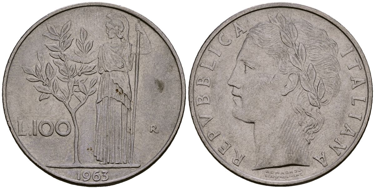 Италия 100 лир 1963 KM 96.1 нержавеющая сталь 4165-1025