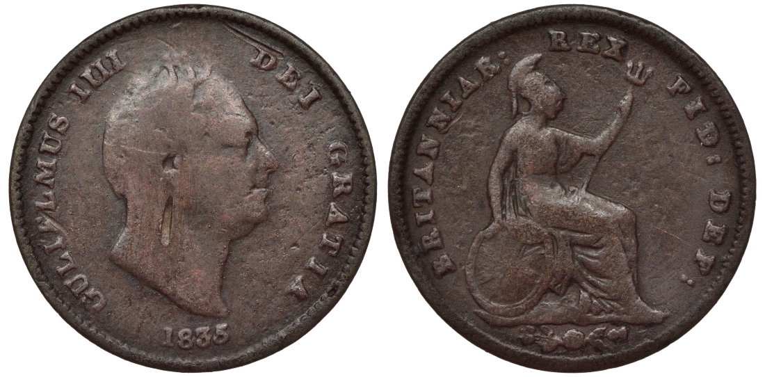 Великобритания 1/3 фартинга 1835 Вильгельм IV (1830-1837) KM 721, Spink 3850 медь 188-448