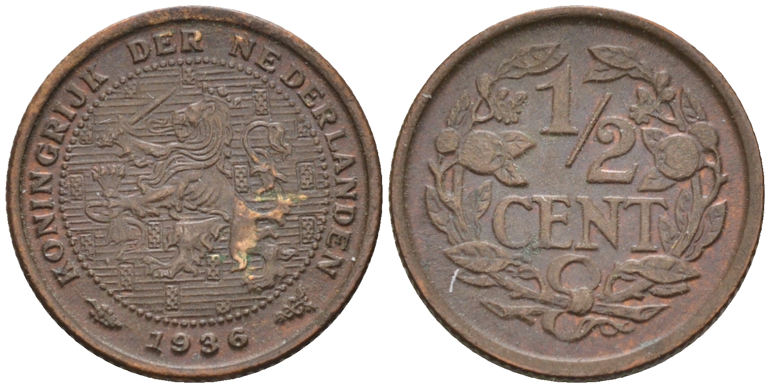 Нидерланды 1/2 цента 1936 Вильгельмина (1890-1948) КМ 138 бронза    4174-535