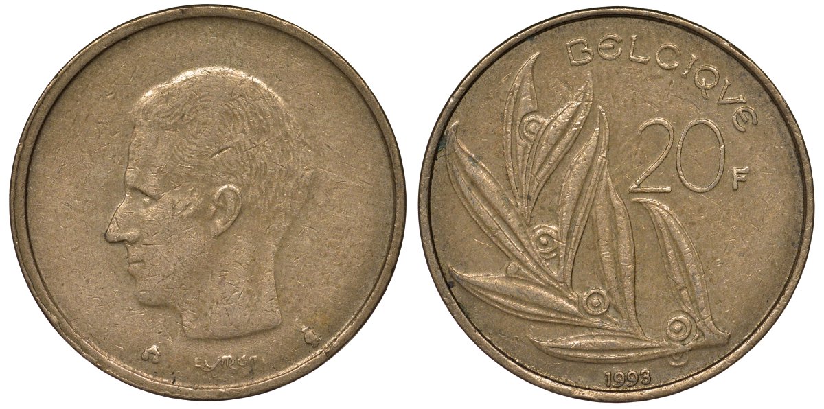 Бельгия 20 франков 1993 BELGIQUE KM 159 никель бронза 4123-1224