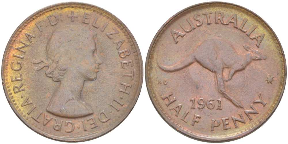 Австралия 1/2 пенни 1961 p, Елизавета II (1952-2022), кенгуру KM 61 бронза 4514-841
