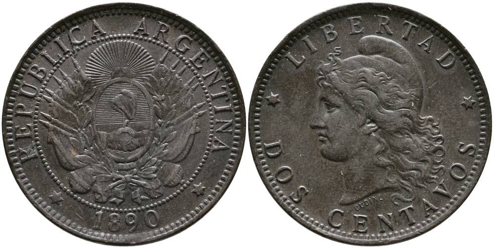 Аргентина 2 сентаво 1890 голова свободы влево KM 8 бронза 4531-923