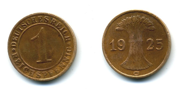 ГЕРМАНИЯ 1 РЕЙХСПФЕННИГ 1925 G KM 37, J. 313 бронза 54-241