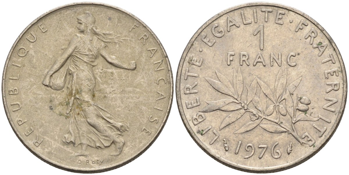 Франция 1 франк 1976 сеятель, тип Semeuse KM 925.1, Le Franc 226.21 никель 4116-1234