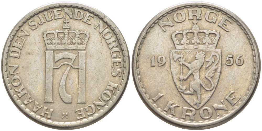 Норвегия 1 крона 1956 Хокон VII (1905-1957) KM 397 медно-никель 119-943