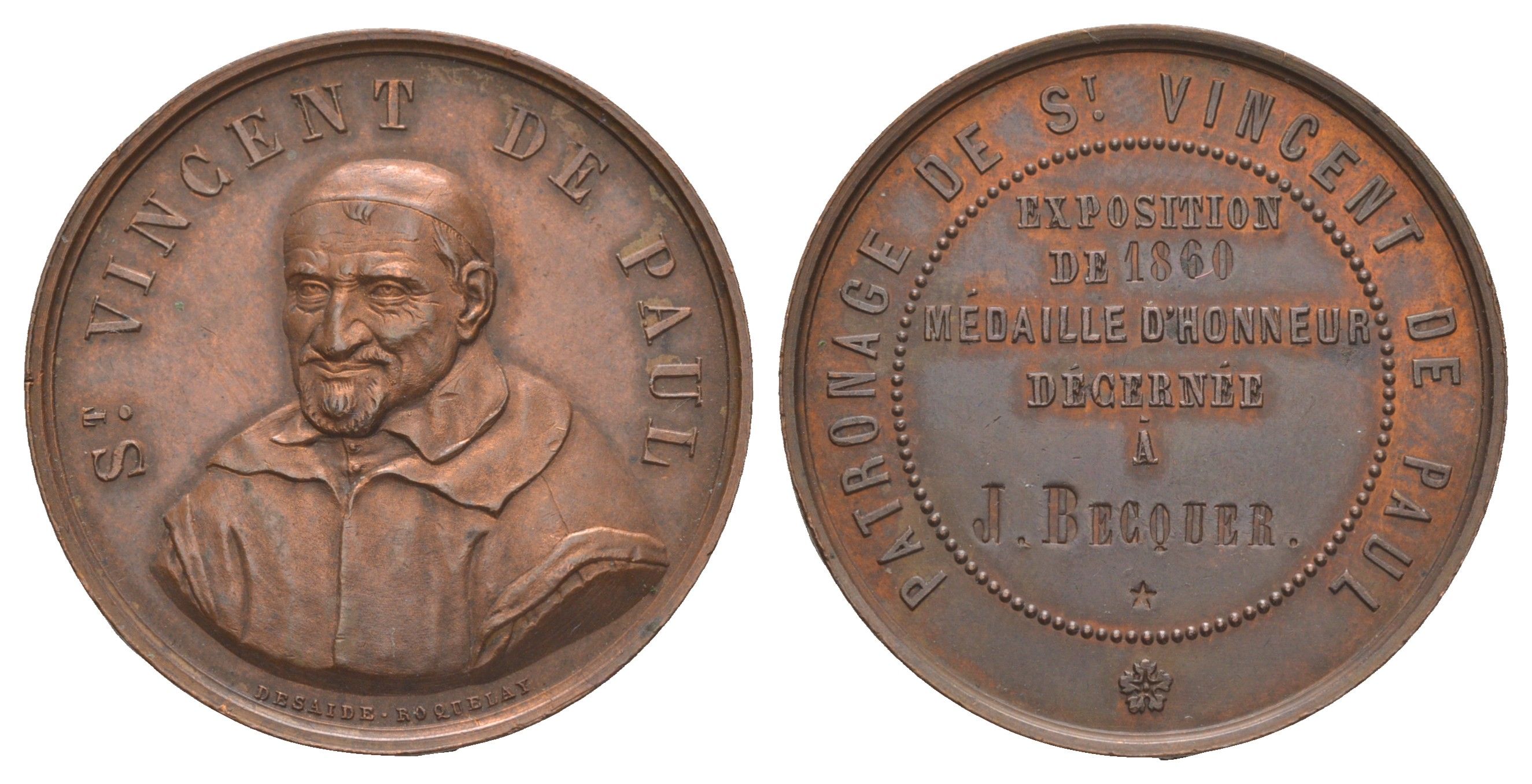 Франция медаль вручаемая Общество Святого Винсента де Поля на выставке 1860 года 1860 Викентий де Поль, диаметр 33 мм, вес 14,2 гр бронза UNC 1516-1245