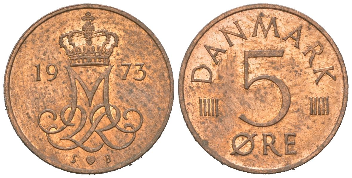 Дания 5 эре 1973 S; B, Маргрете II (1972-2024) KM 859.1 железо плакированная медью aUNC 3955-556