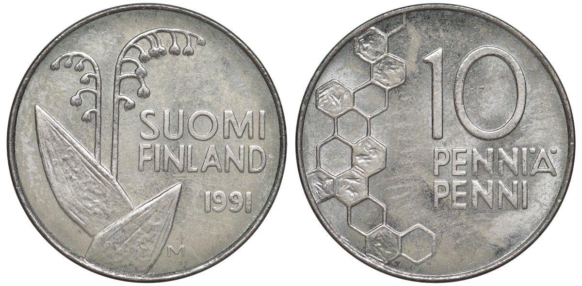 ФИНЛЯНДИЯ 10 ПЕННИ 1991 M, ЛАНДЫШ KM 65 медно-никель 3334-1161