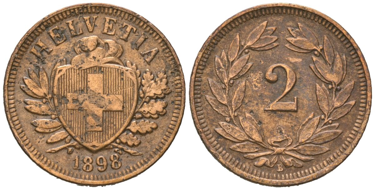 Швейцария 2 раппена 1898 B, редкий год - тираж 500.000 экземпляров KM 4 бронза 35-111