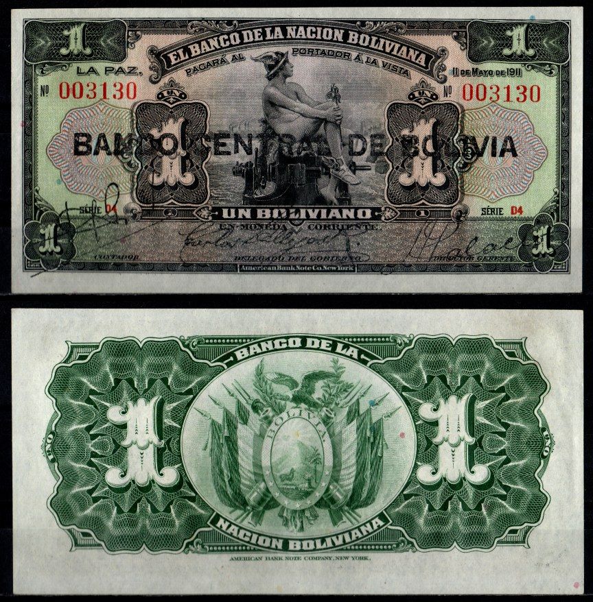 Боливия 1 боливиано 1911 (1929) Pick 112 (3) бумага 6280-17-1-2