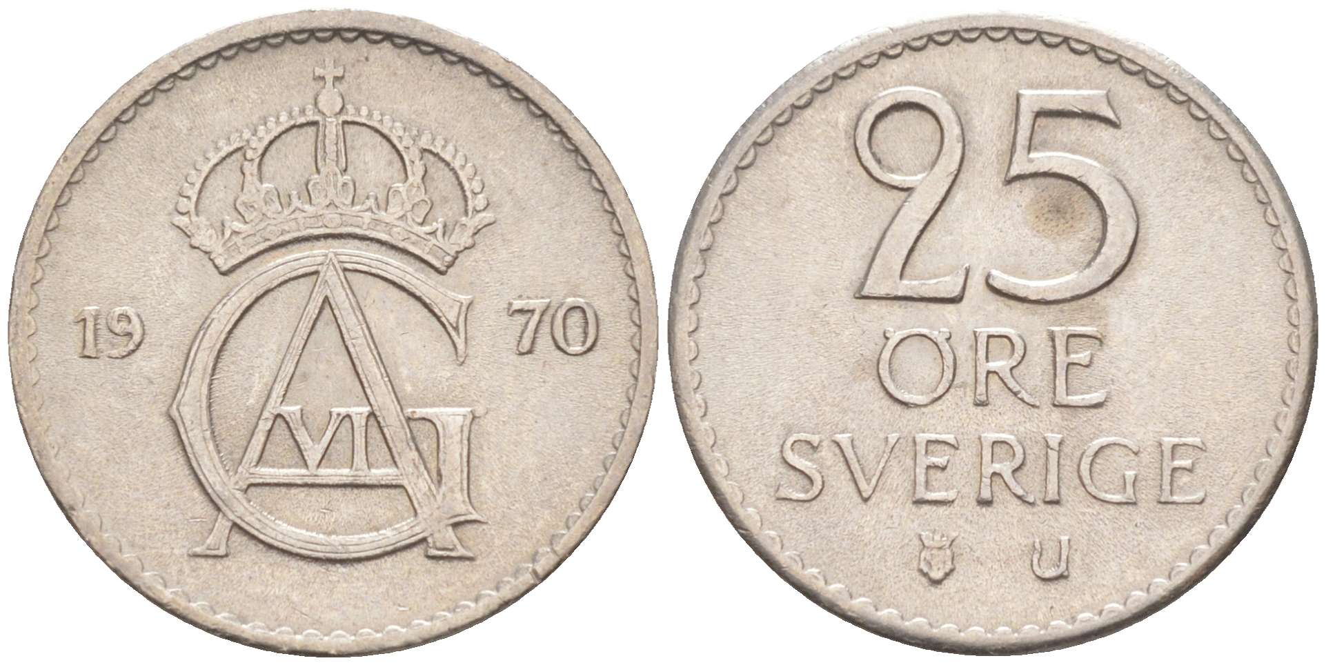 Швеция 25 эре 1970 U, Густав VI Адольф (1950-1973) KM 836 медно-никель 112-612