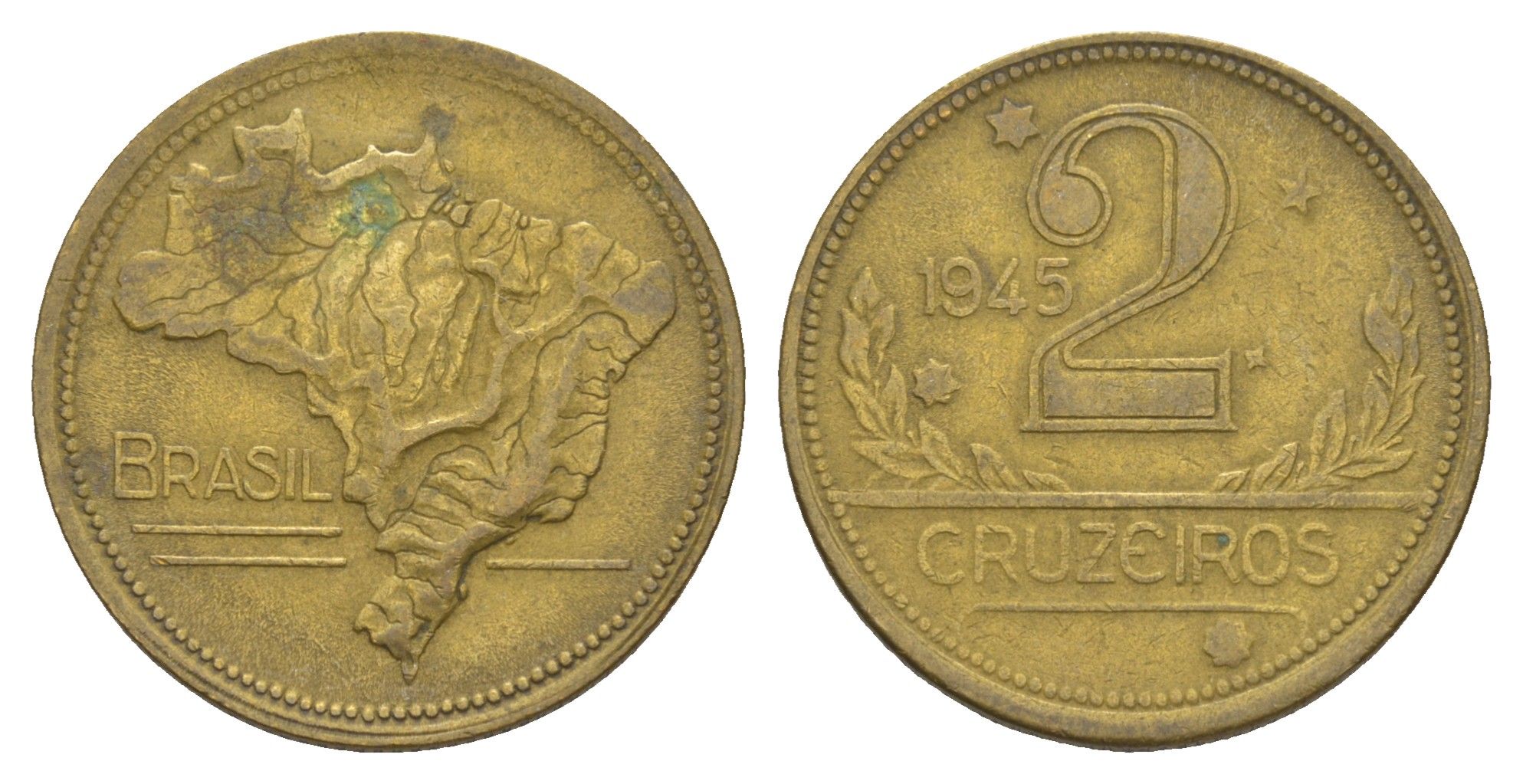 Бразилия 2 крузейро 1945 KM 559 алюминиевая бронза 4656-1253