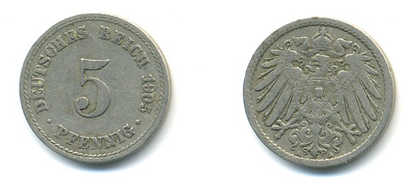 ГЕРМАНИЯ 5 ПФЕННИГОВ 1905 A, KM 11, J. 12 медно-никель 4379-525