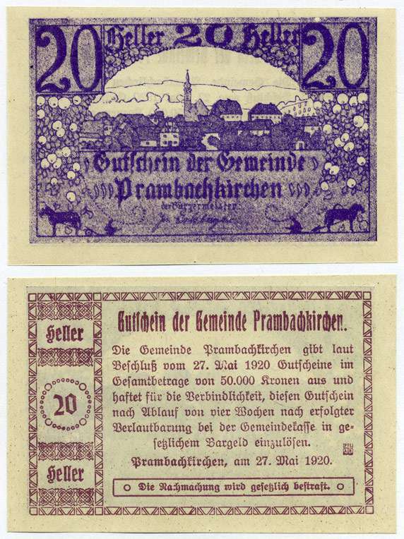 Австрия, Прамбахкирхен 20 геллеров 1920 27 мая 1920, нотгельд, ярмарочная коммуна в земле Верхняя Австрия   бумага  UNC (пресс) 7221-17-1-2