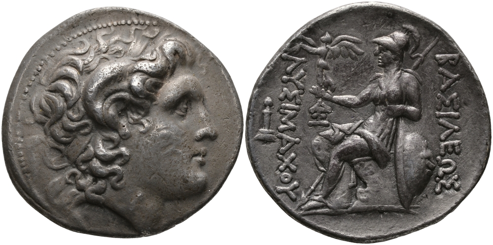 ДРЕВНЯЯ ГРЕЦИЯ, ФРАКИЙСКОЕ ЦАРСТВО ТЕТРАДРАХМА 297 - 281 гг. до н.э. ЛИСИМАХ, ГОЛОВА АЛЕКСАНДРА ВЕЛИКОГО С РОГОМ АММОНА / АФИНА НИКЕФОРОС, ЛАМПСАК, GOOD VERY FINE, 16,99 гр Thompson 50 серебро 1073-8-53