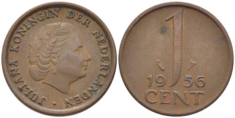НИДЕРЛАНДЫ 1 ЦЕНТ 1956 ЮЛИАНА KM 180 бронза 206-1026