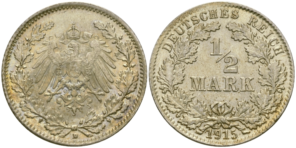 Германия 1/2 марки 1915 D J. 16, KM 17 серебро UNC 65-242