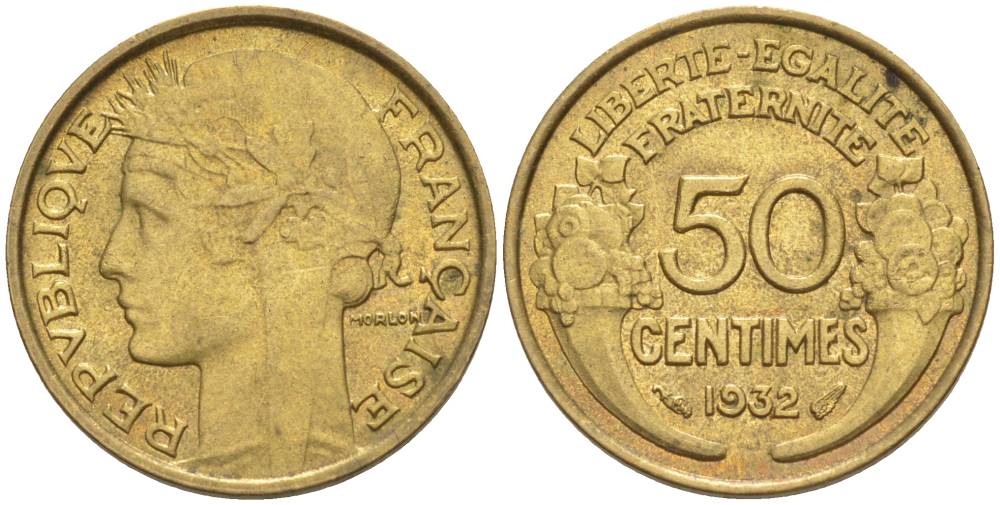 ФРАНЦИЯ 50 САНТИМОВ 1932 ТИП MORLON, OPEN 9, С ЯГОДОЙ KM 894.1, LE FRANC 192.7 алюминиевая бронза 44-715