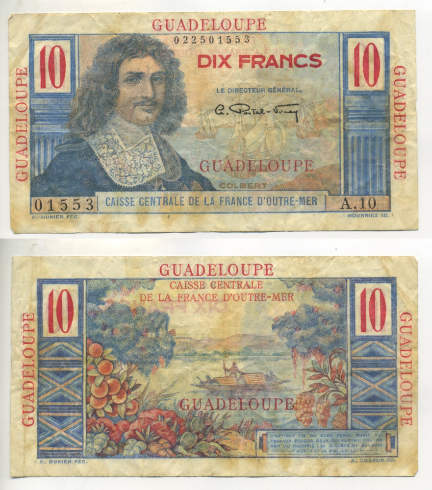 ГВАДЕЛУПА 10 ФРАНКОВ 1947-1949 Pick 32 бумага 000-000-00