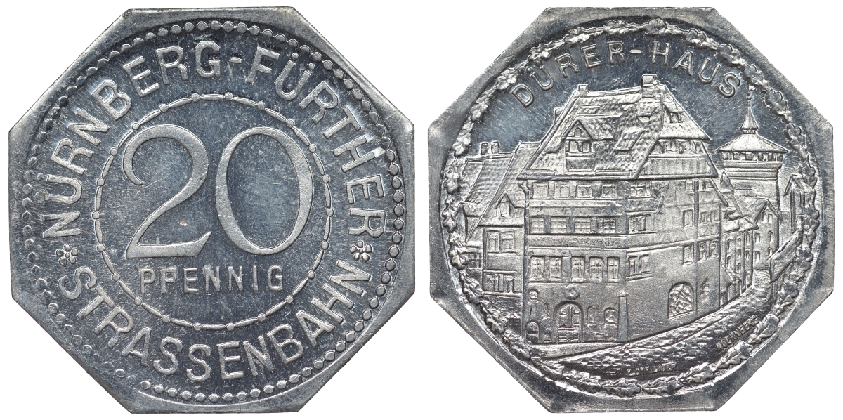 Германия, Нюрнберг - Фюрт 20 пфеннигов ND трамвайный жетон, дом Дюрера алюминий UNC 4119-637