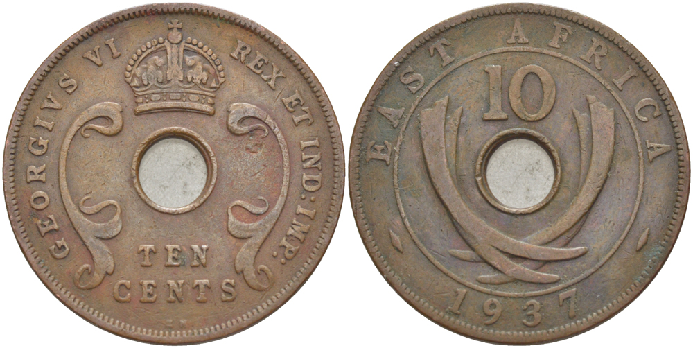 Британская Восточная Африка 10 центов 1937 KN, Георг VI (1936-1952) KM 26.1 бронза 3333-1133