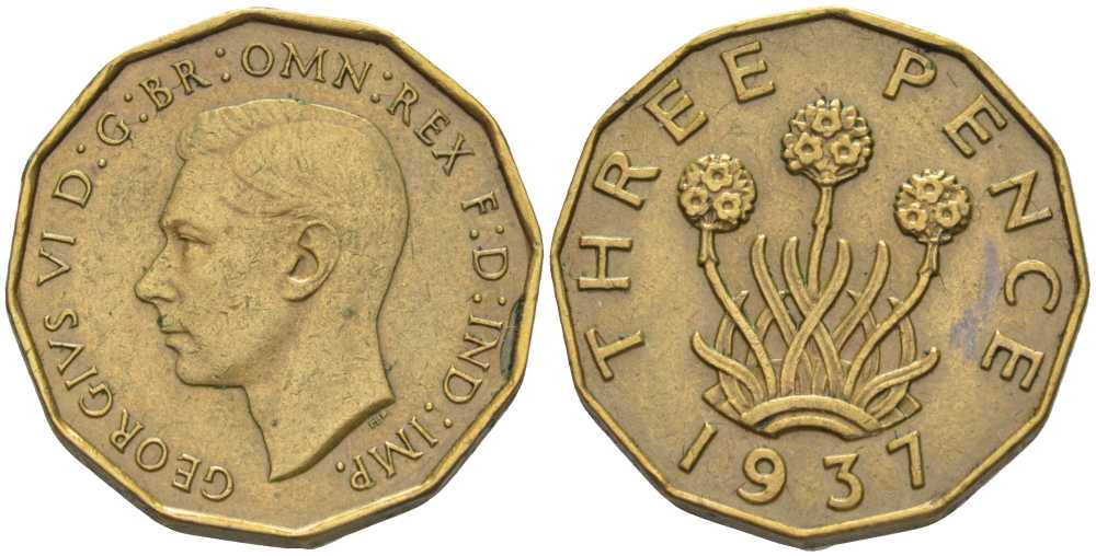 Великобритания 3 пенса 1937 Георг VI (1936-1952) KM 849, Spink 4112 никель латунь 75-227