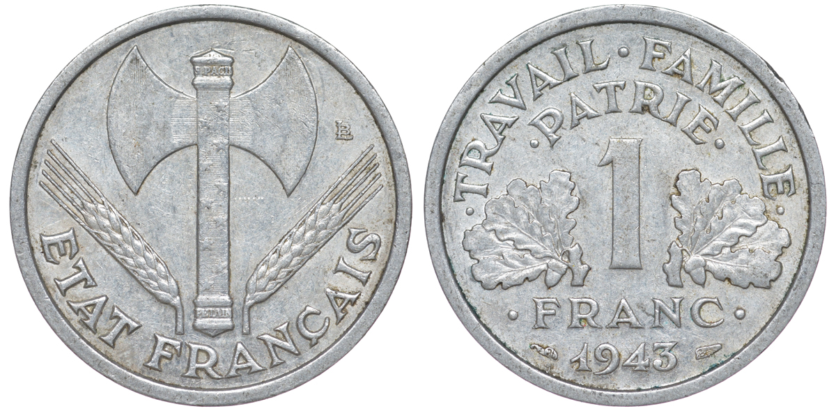 ФРАНЦИЯ 1 ФРАНК 1943 LB, ТИП LEGERE, ПРАВИТЕЛЬСТВО ВИШИ KM 902.1, LE FRANC 223.3 алюминий 45-735
