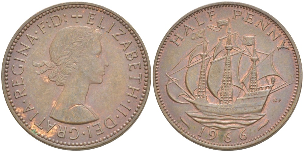 Великобритания 1/2 пенни 1966 Елизавета II (1952-2022) KM 896, Spink 4158 бронза 4544-151