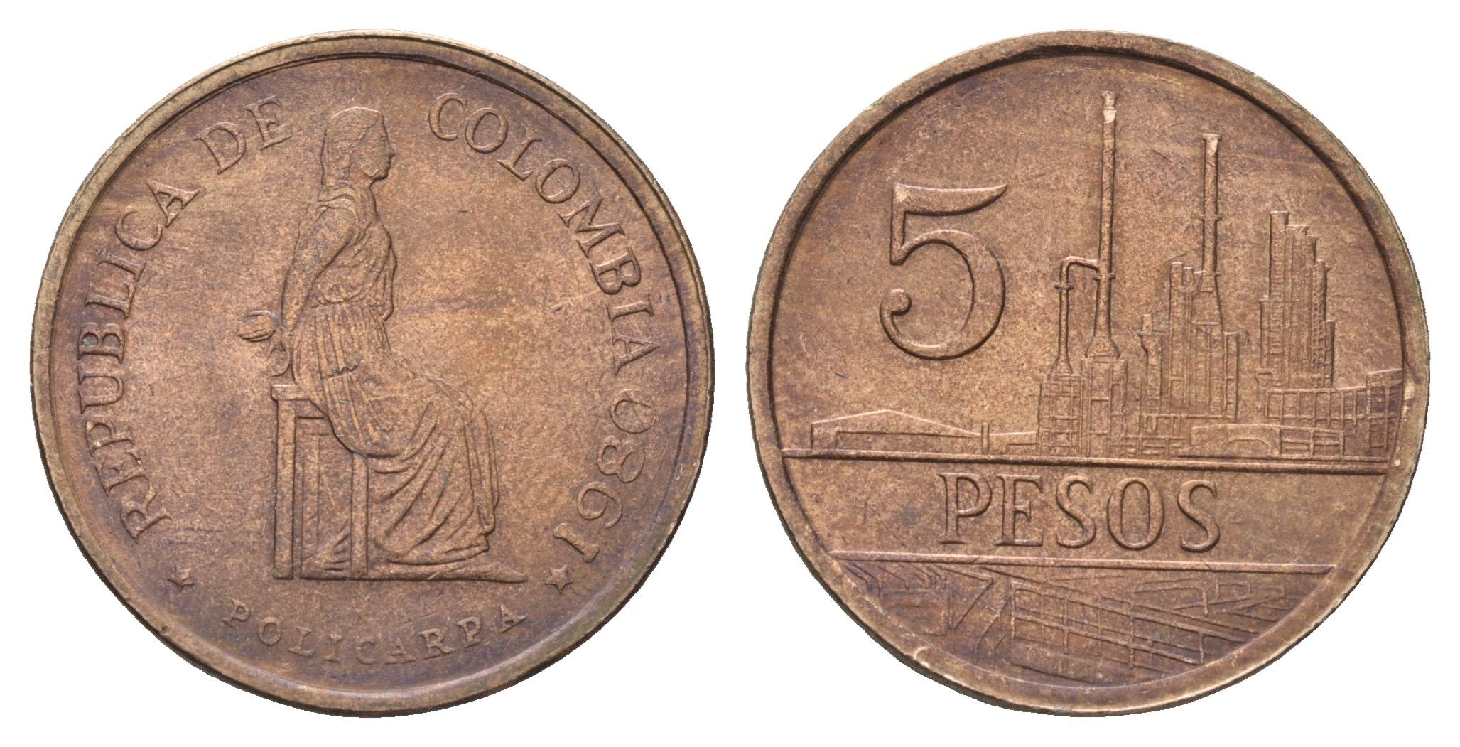 Колумбия 5 песо 1980 KM 268 бронза UNC 4693-121