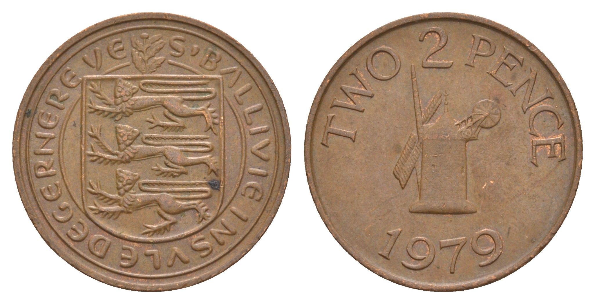 Гернси 2 пенса 1979 Елизавета II (1952-2022), ветряная мельница KM 28 бронза 4656-1112