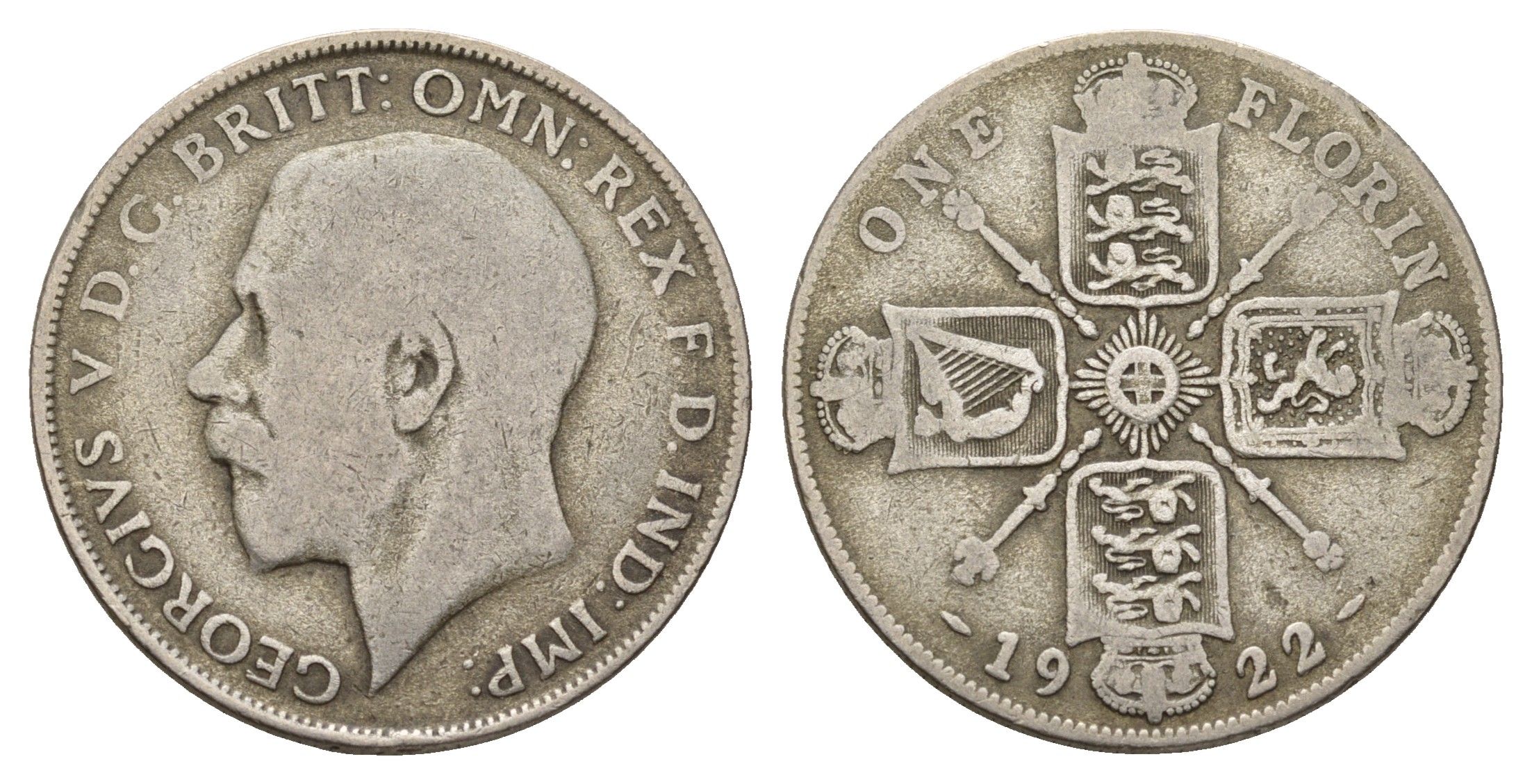 Великобритания 2 шиллинга (флорин) 1922 Георг V (1910-1936) KM 817a, Spink 4022 серебро 27-154