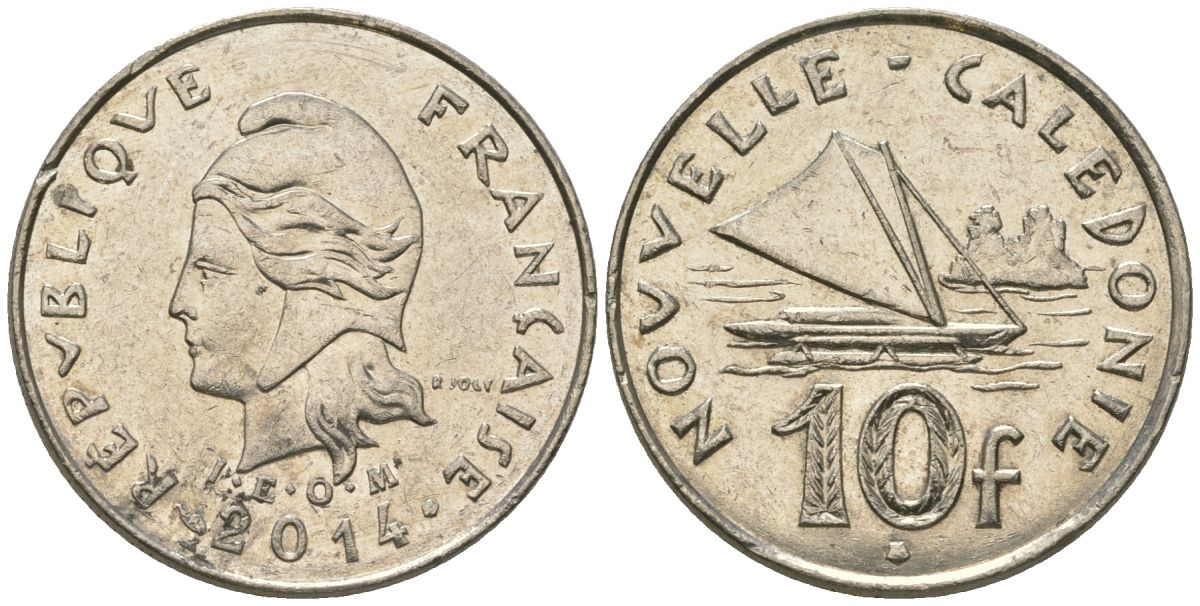 Французская Новая Каледония 10 франков 2014 рыбачья парусная лодка, (IEOM) KM 11a, Schoen 13a, Lec 99k медно-никель 67-827
