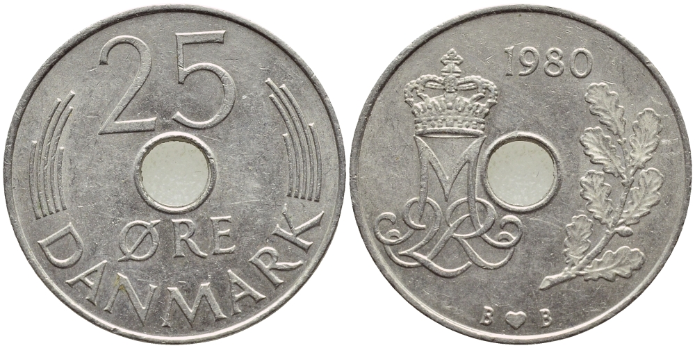 ДАНИЯ 25 ЭРЕ 1980 B; B, МАРГРЕТЕ II (1972-) KM 861.2 медно-никель 4397-222