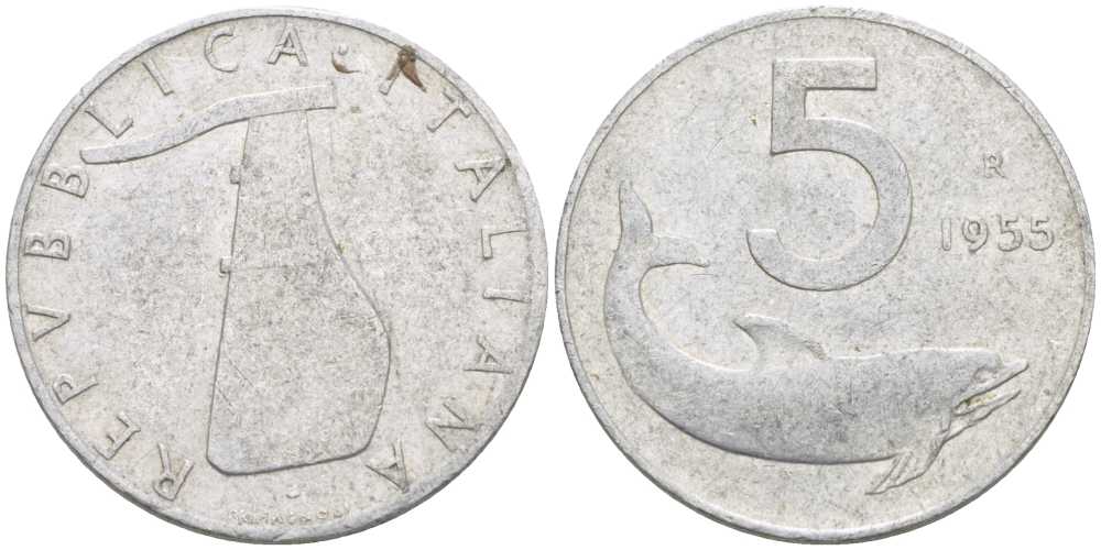 ИТАЛИЯ 5 ЛИР 1955 R, РУЛЬ, ДЕЛЬФИН KM 92 алюминий 175-124