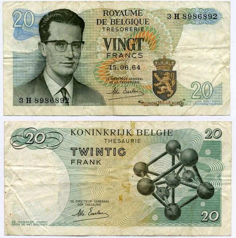 Бельгия 20 франков 1964 Бодуэн I, атомиум, Esselens Pick 138 (2) бумага 6262-52-2-2