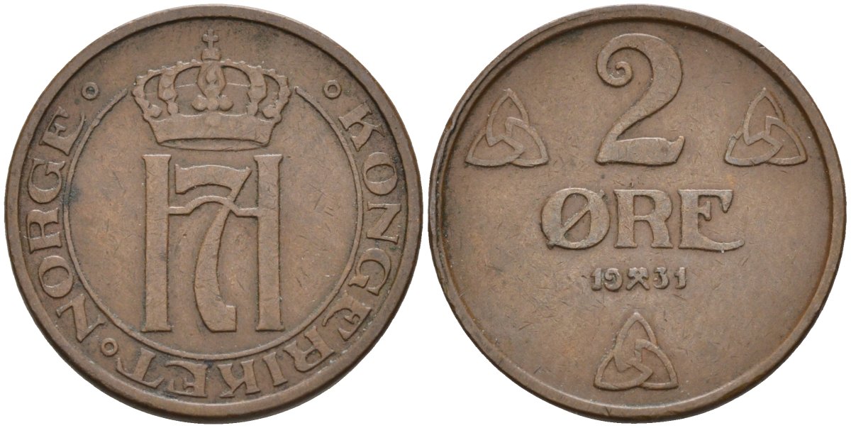 Норвегия 2 эре 1931 Хокон VII (1905-1957) KM 371 бронза 4591-935
