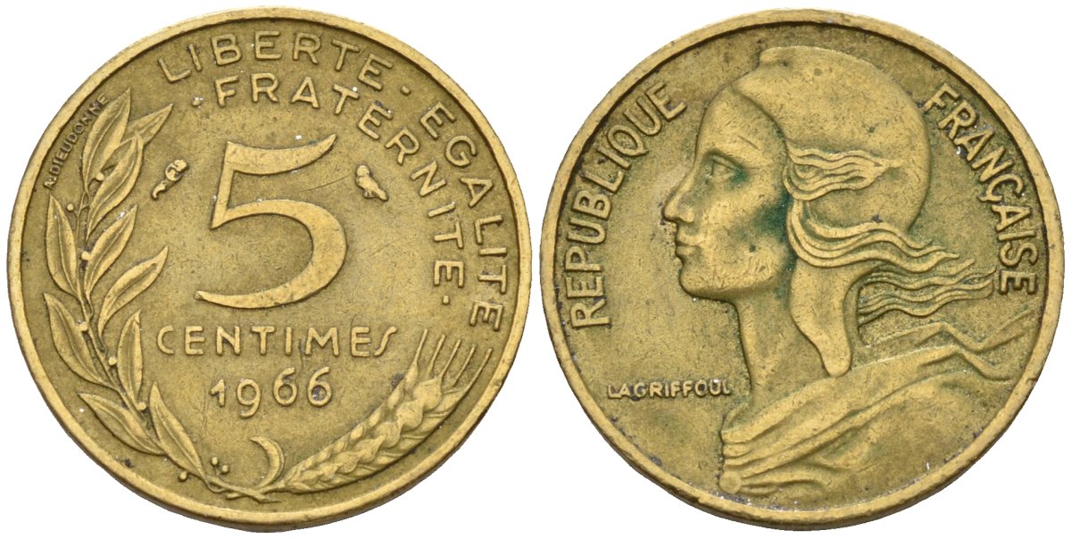 Франция 5 сантимов 1966 KM 933 алюминиевая бронза 4596-647