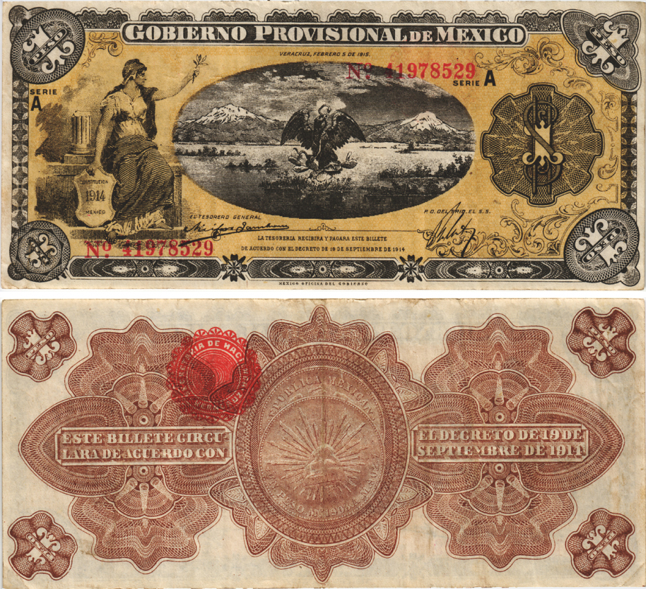 Мексика, Революция 1 песо 1915 Переходное правительство Мексики, штат Веракруз Pick S701a бумага 6283-13-2