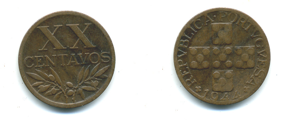 ПОРТУГАЛИЯ 20 СЕНТАВО 1944 KM 584 бронза 4383-233