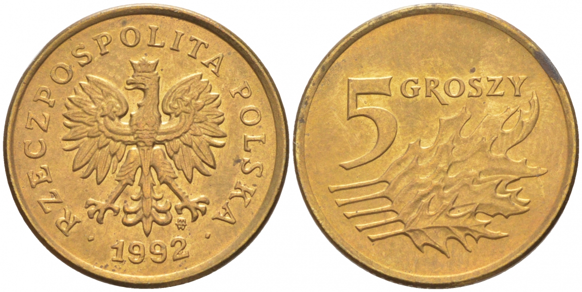 Польша 5 грошей 1992 MW KM 278 латунь UNC 99-369