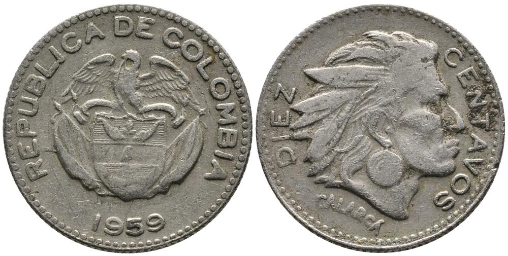 КОЛУМБИЯ 10 СЕНТАВО 1959 КАЛАРКА KM 212.2 медно-никель 4549-624