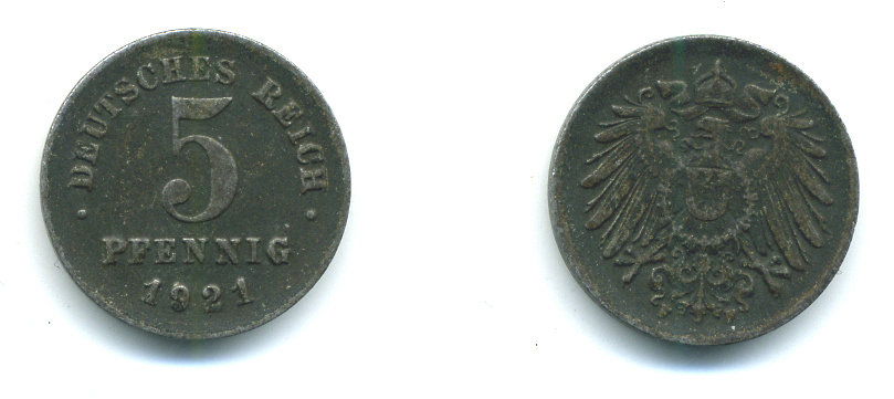 ГЕРМАНИЯ 5 ПФЕННИГОВ 1921 F KM 19, J. 297 железо 4383-414