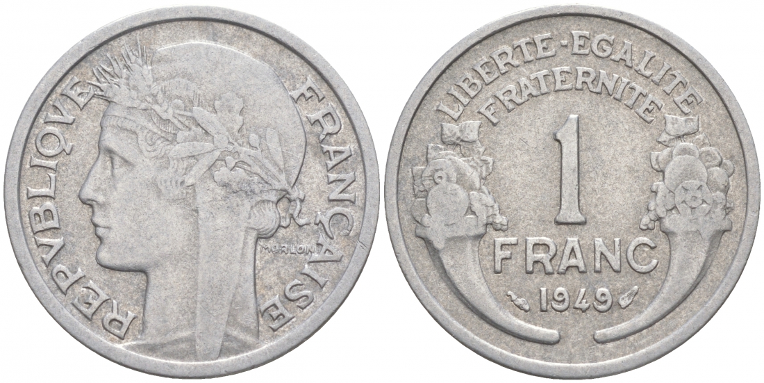 ФРАНЦИЯ 1 ФРАНК 1949 ТИП MORLON, LEGERE KM 885a 1, LE FRANC 221.15 алюминий 186-324